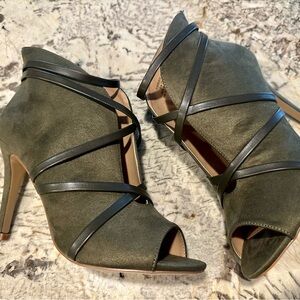 Chic Olive Green Strappy Heel Boot Stiletto Style Peak a Boo New Never worn